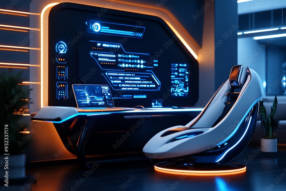 Aufkleber futuristic workspace featuring a sleek chair and advanced technology with glowing accents, ideal for
