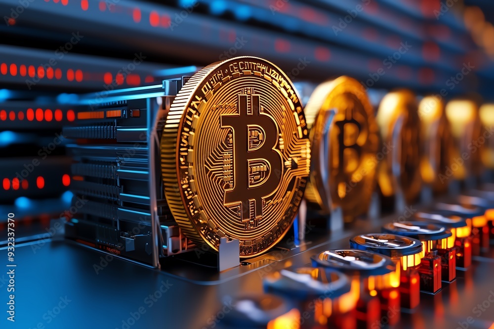 Poster Golden Bitcoin coins displayed in a modern cryptocurrency mining setup with glowing lights and advanced tech equipment.