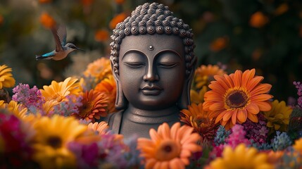 A Buddha statue with flowers and a flying hummingbird, symbolizing peace, tranquility, and spiritual connection with nature for mindfulness, meditation and the practice of Buddhism