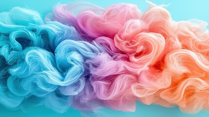 Fototapeta premium A multicolored cloud of hair on a blue and pink background, resembling a wavy hairstyle