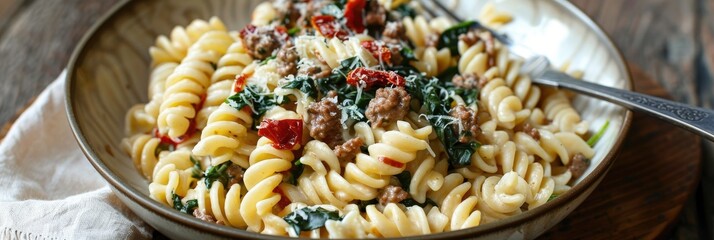 Creamy pasta with ground beef, sun-dried tomatoes, spinach, and Parmesan cheese.