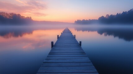 Naklejka premium A serene wooden pier extending into a misty lake during sunrise, symbolizing tranquility, reflection, and the journey of life with mindfulness through spirituality on a peaceful morning in nature