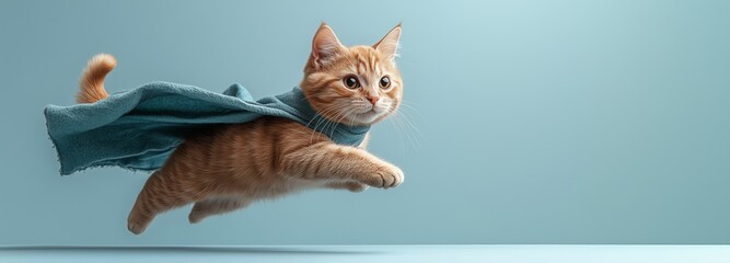 Obraz premium A cute tabby kitten wearing a blue superhero cape leaps through the air, embodying courage, adventure, and heroism