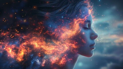 Obraz premium Surreal image of a woman's profile blending with the cosmos representing imagination, dreams, and a deep connection to the universe in an ethereal, cosmic art style