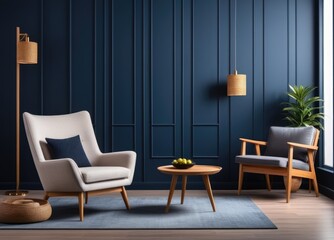 Stylish Modern wooden living room has an armchair on empty dark blue wall background