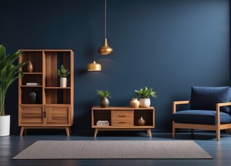 Stylish Modern wooden living room has an armchair on empty dark blue wall background