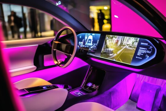Inside an electric car with a big holographic display screen.