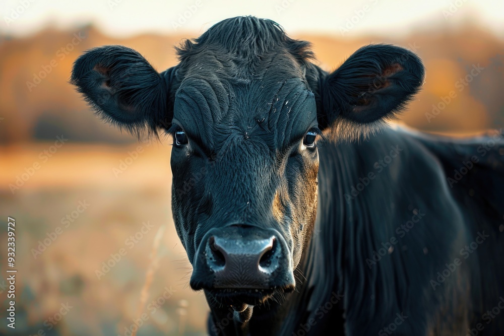 Poster A close-up view of a black cow grazing in a green meadow