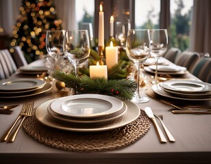 Fototapeta premium A festive holiday table setting with elegant dinnerware, candles, and seasonal decorations
