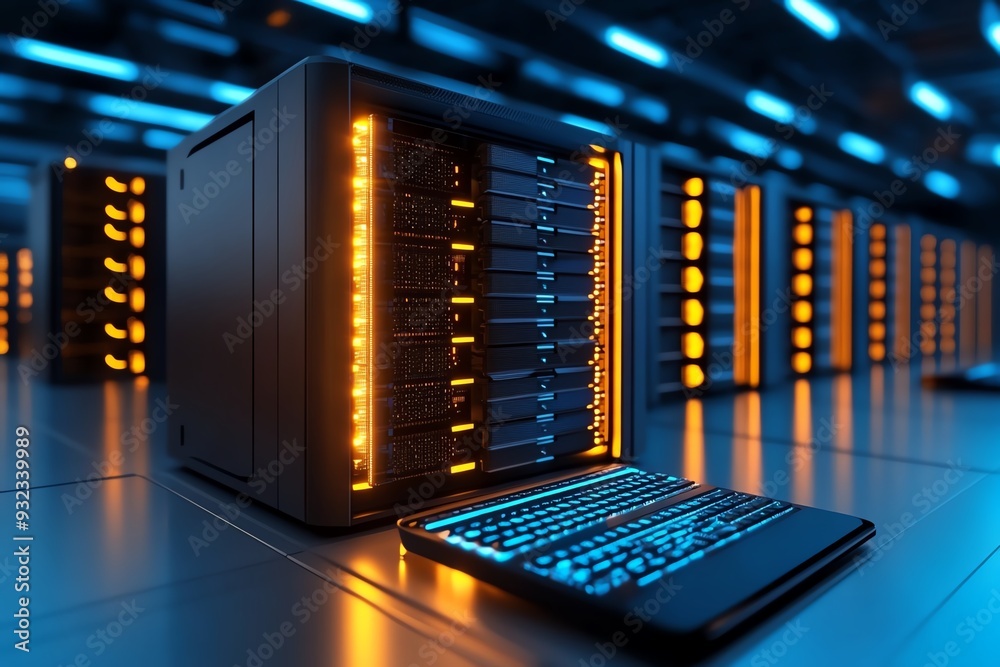 Poster modern data center featuring illuminated server racks and a sleek laptop, showcasing advanced techno