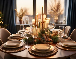 A festive holiday table setting with elegant dinnerware, candles, and seasonal decorations