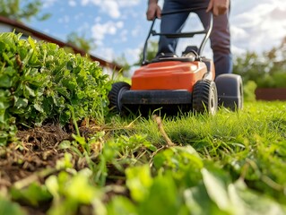 Low Angle Lawn Mower Action in a Backyard: Man Trimming Grass with Hedge in View on a Sunny Day for Garden Maintenance and Landscaping, Man Mowing Grass, Grass Cutting Machine in The Garden.