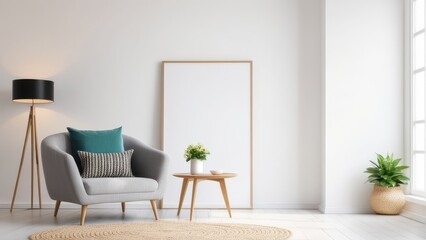 Interior of a bright living room with armchair on empty white wall background