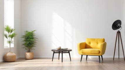 Interior of a bright living room with armchair on empty white wall background