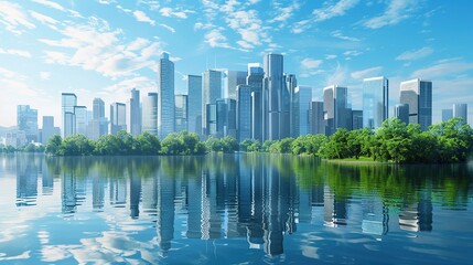 Fototapeta premium A vibrant city skyline reflected in a serene lake, showcasing modern architecture and nature.