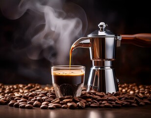 A gourmet coffee setup with a steaming espresso shot being pulled from a sleek espresso mach