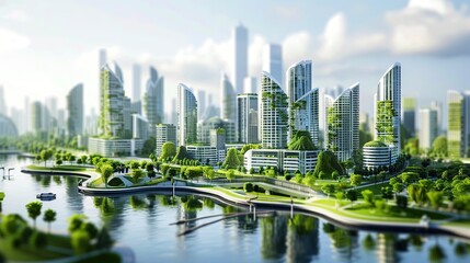 A futuristic cityscape featuring green architecture and lush landscapes by the water.