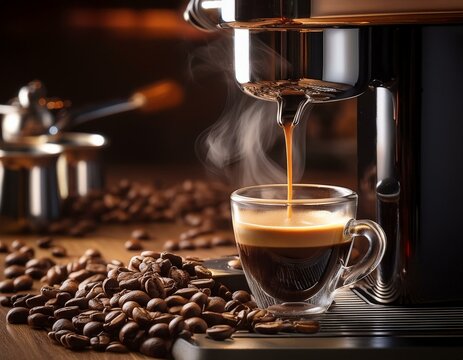 A gourmet coffee setup with a steaming espresso shot being pulled from a sleek espresso