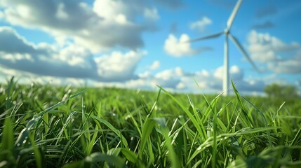 Obraz premium A lush green field with a wind turbine against a bright, cloudy sky.