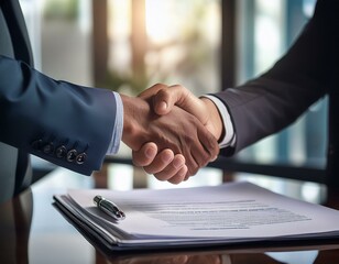 A handshake between two business professionals over a signed contract, capturing the trust a