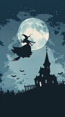 A witch soars through the night sky on her broomstick, illuminated by a full moon above a spooky house