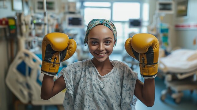 A young sick girl chemotherapy patient in cancer remission in hospital wearing boxing gloves embodying strength, resilience, and determination from challenges and adversity while beating the disease