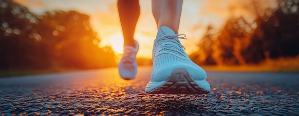 A runner&#x27;s feet hitting the pavement at sunrise, embodying determination, fitness, and the relentless pursuit of goals during a morning run while training for a race in a marathon