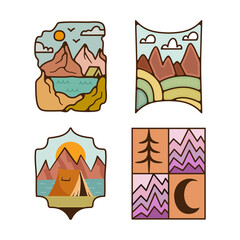 Outdoor adventure badges set. Camping adventure labels in retro flat style. Mountain logo graphics for t-shirt. Stock colorful artworks