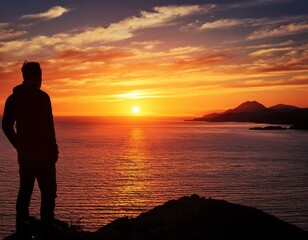 A lone figure silhouetted against a vibrant sunset, contemplating the horizon.