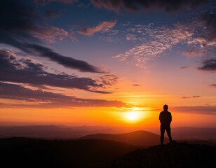 A lone figure silhouetted against a vibrant sunset, contemplating the horizon.