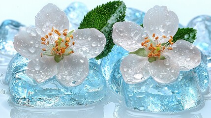   Two white flowers placed on top of ice cubes, surrounded by water droplets at the base and green leaves above