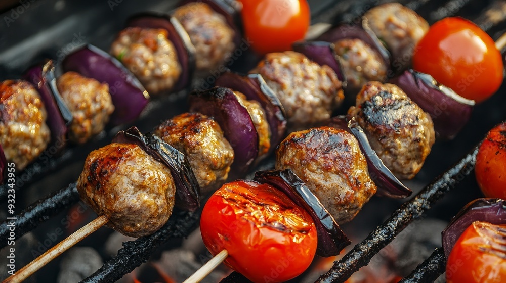 Wall mural Meatballs and eggplant in a Turkish Kebab. Freshly cooked eggplant kebabs cooked over a barbecue with tomatoes. Middle Eastern cooking