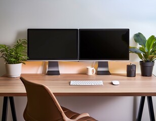  A minimalist desk setup with dual monitors, a wireless charging pad, and a potted plant, emp.jpg, A minimalist desk setup with dual monitors, a wireless charging pad, and a potted plant
