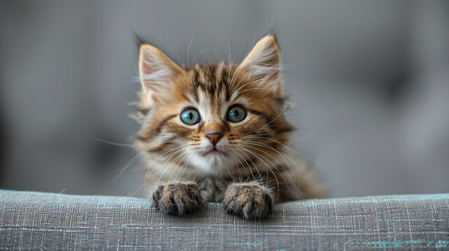 Little gray kitten looking at the camera close up