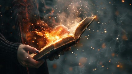 A witch magician conjures magic from an ancient book as sparks and energy swirl around her