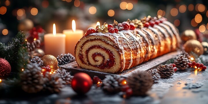 Christmas yule log cake on festive background with candles and bokeh lights