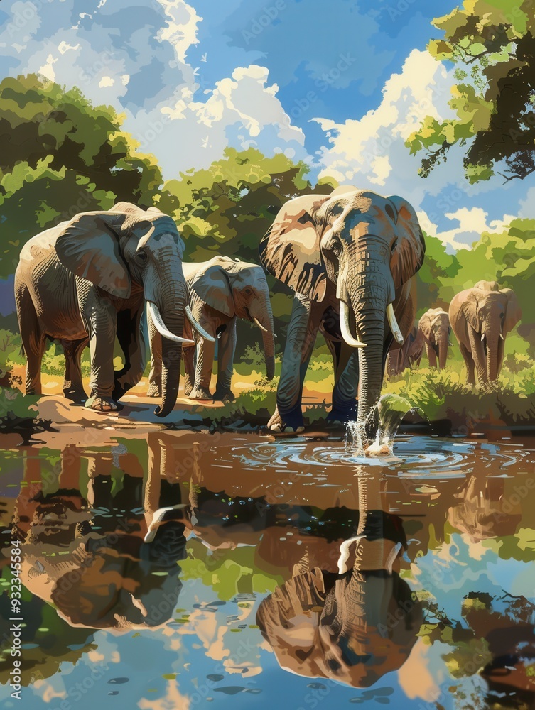 Poster several elephants gather around a peaceful pond, drinking water while their reflections ripple on th