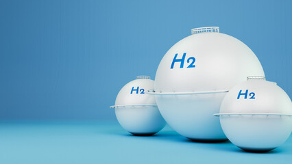 Hydrogen tanks in a minimalist environment with light blue background. Ideal for representing clean and renewable energy, hydrogen storage and sustainable technologies. 3d illustration