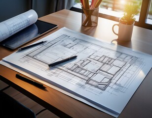 A professional workspace with a tablet, stylus, and architectural blueprints