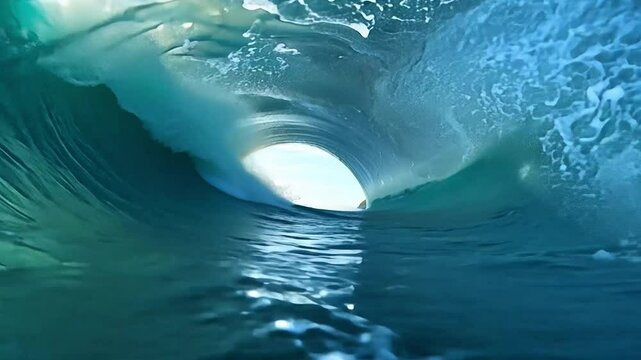 A flight through a tunnel of crushing powerful waves and blue water.