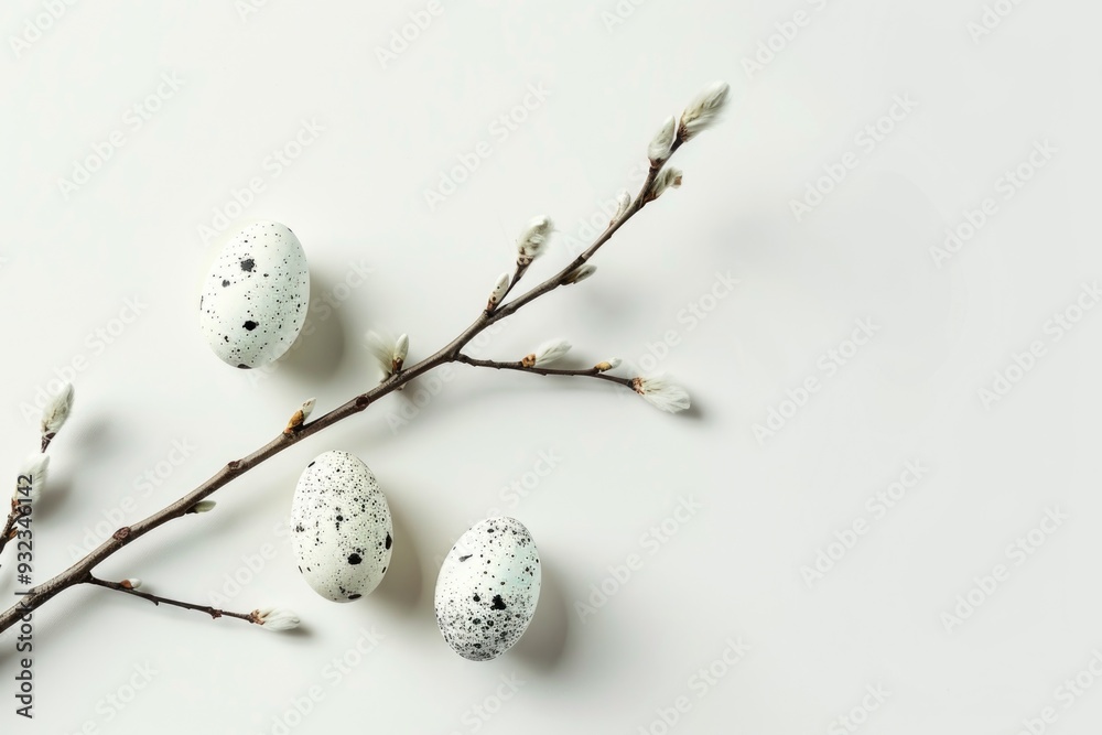Poster Three speckled bird eggs resting on a tree branch, possibly in a nest