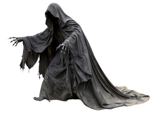 A haunting image of a hooded ghostly figure in dark, tattered robes, reaching out with skeletal hands. Perfect for Halloween themes.