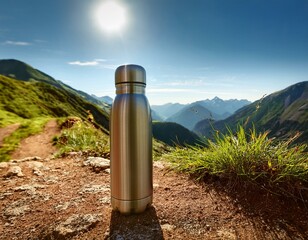A reusable water bottle on a hiking trail, with mountains in the background, emphasizing eco