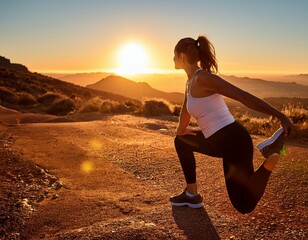 A runner stretching before a morning jog, with the sunrise casting a warm glow, highlighting.