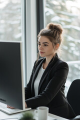 A young professional woman with her hair in a bun works intently on a computer in a modern, well-lit office. Snowy trees outside the window add a touch of calmness.