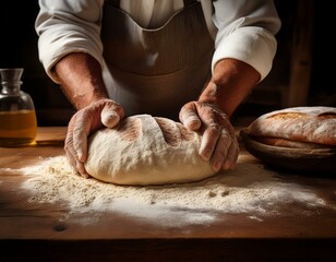 Fototapeta premium A rustic bread-making scene, with flour-dusted hands kneading dough on a wooden table