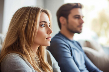 Naklejka premium Portrait of a young couple looking serious and distant, possibly reflecting on a relationship issue.