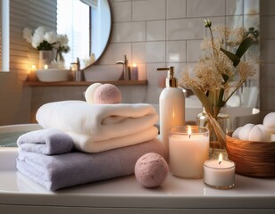 A serene bathroom scene with luxury bath products like bath bombs, candles, and fluffy towel