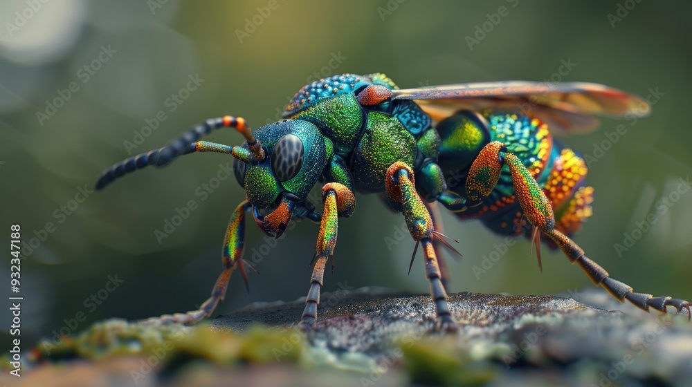 Poster a close-up shot of a brightly colored insect sitting on a rock, perfect for use in nature or science