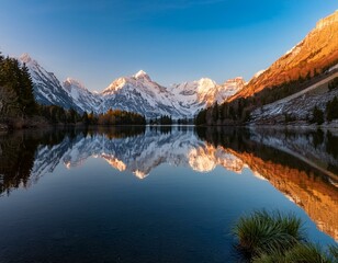 Obraz premium A serene mountain lake reflecting the snow-capped peaks at dawn.